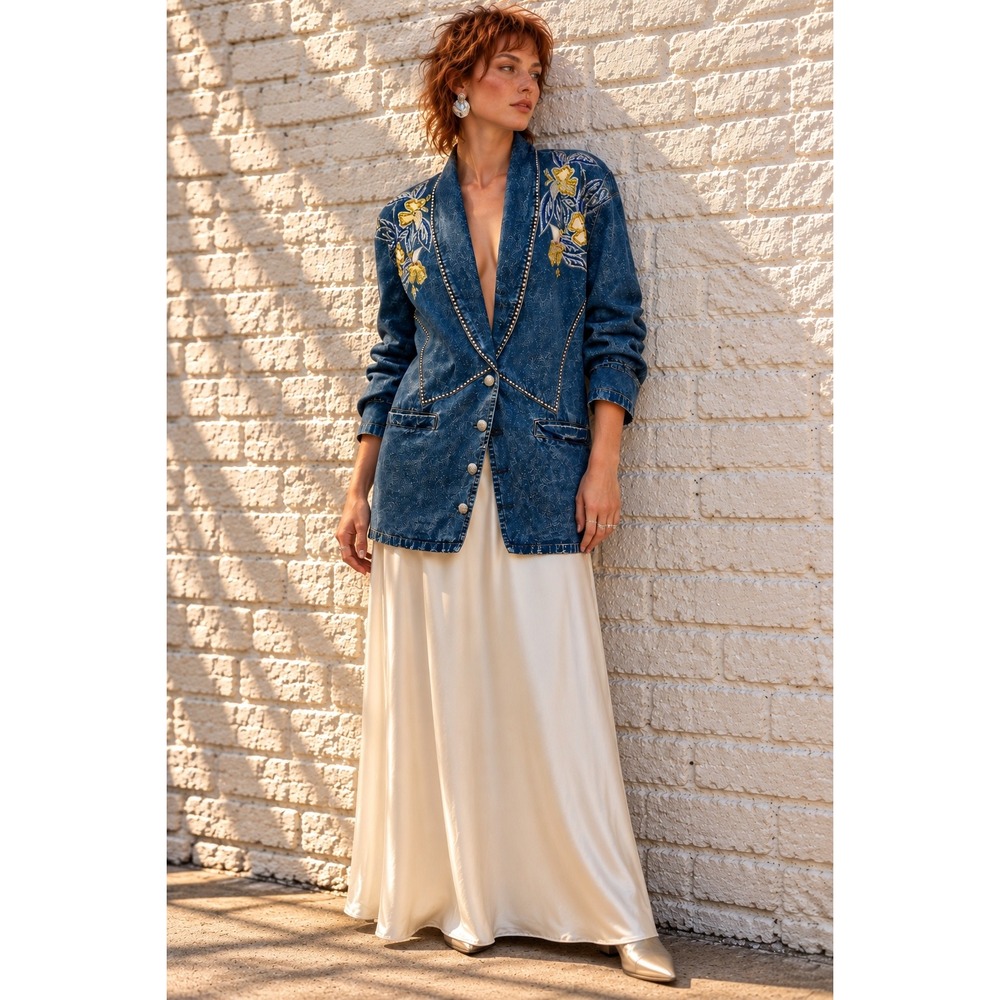 Vintage Pret Blue Cotton Denim Beaded Floral Western Acid Wash Jacket Large